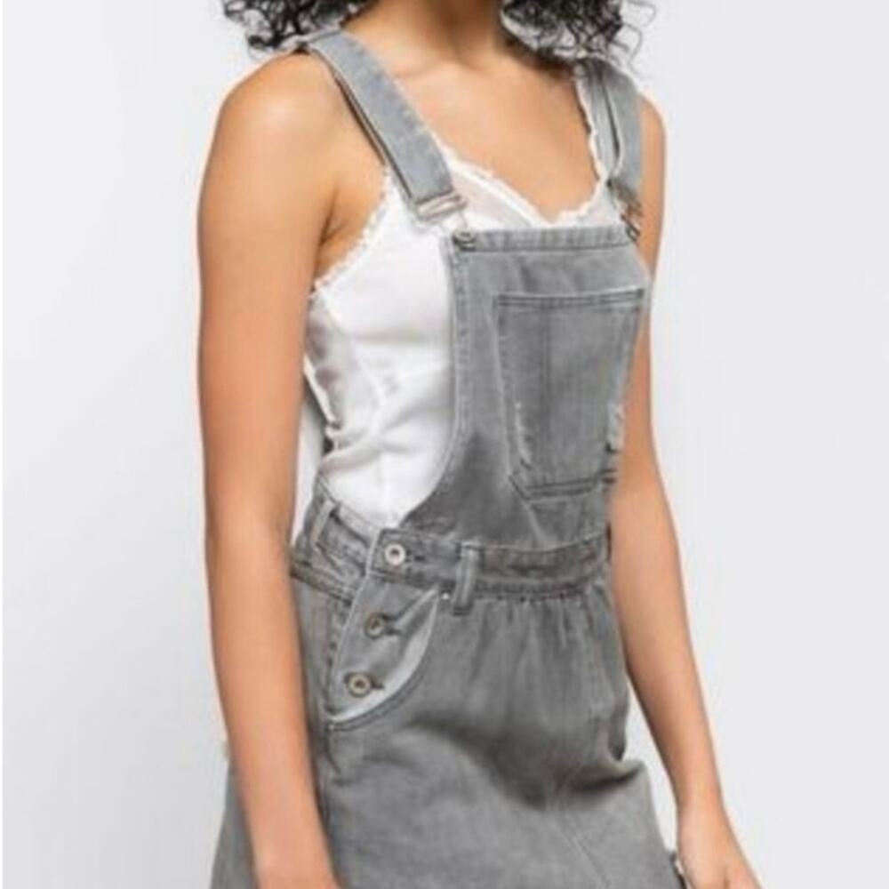 POL overall skirt distressed gray denim ripped torn mini jean overalls S small - Picture 15 of 16